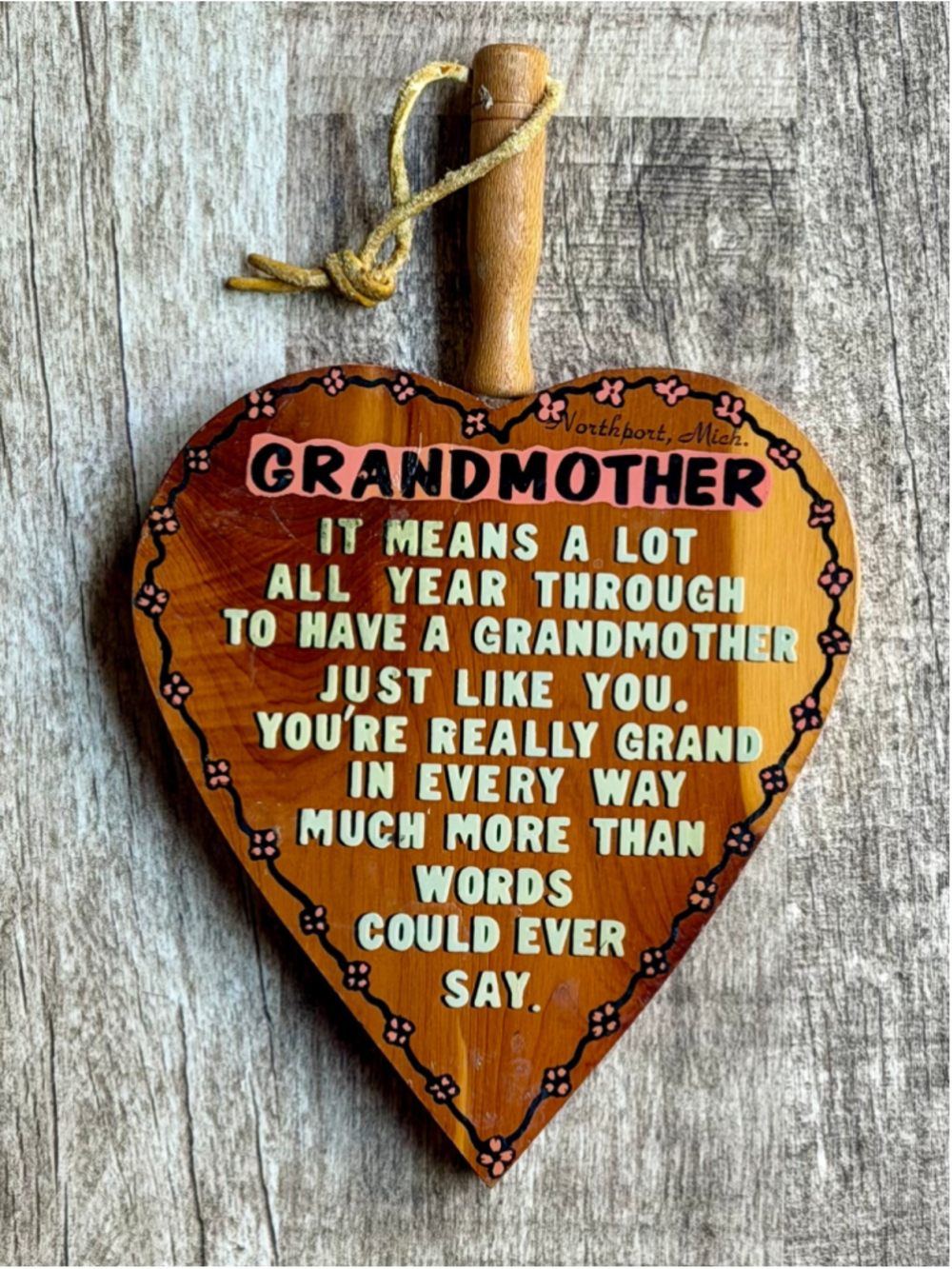 Vintage Wooden Heart Wall Plaque Grandmother Poem Northport Mich Souvenir Craft